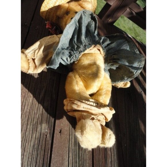 Vintage Handmade 20″ Teddy Bear Full Brim Straw Hat Flowers Denim Dress Red Bow - Picture 6 of 10